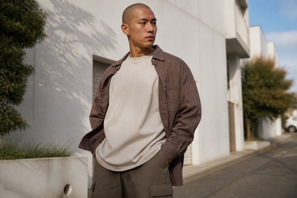 Person wearing an oversized heavyweight cotton tee in neutral colour layered with casual overshirt, demonstrating streetwear styling in natural outdoor setting with soft daylight