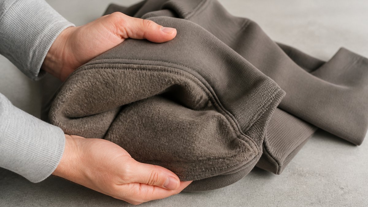 Diagram detailing fabric construction, brushed fleece lining, and reinforced stitching of a cotton hoodie.