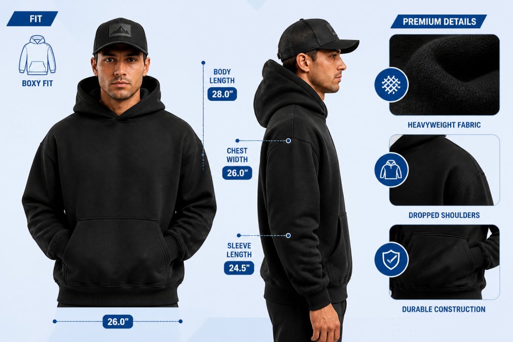 Man wearing a black heavyweight hoodie photographed from front and side angles, showing boxy fit with dropped shoulders and visible premium fabric texture, natural studio lighting