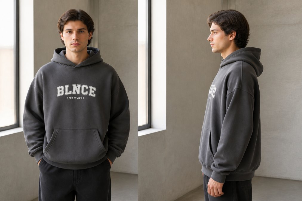 Person wearing an oversized heavyweight hoodie in charcoal, photographed from front and side angles showing boxy fit with dropped shoulders and generous chest room, standing in natural daylight