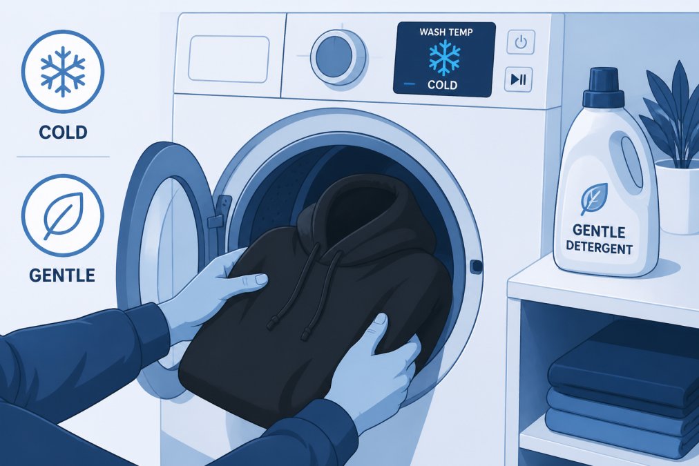 Close-up of hands placing a heavyweight black hoodie into a washing machine with cold water setting, showing gentle detergent bottle nearby on a white laundry shelf