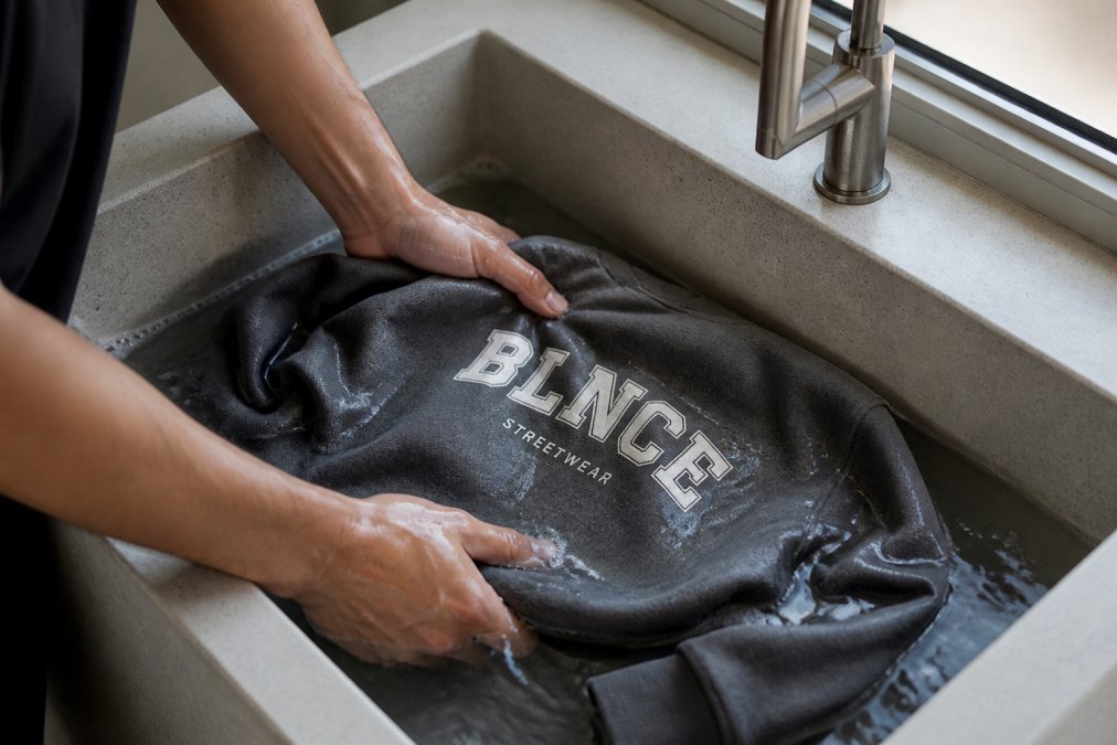 Close-up of hands gently washing a dark heavyweight hoodie in cool water in a ceramic sink, showing proper hand-washing technique with soft movement, natural window lighting