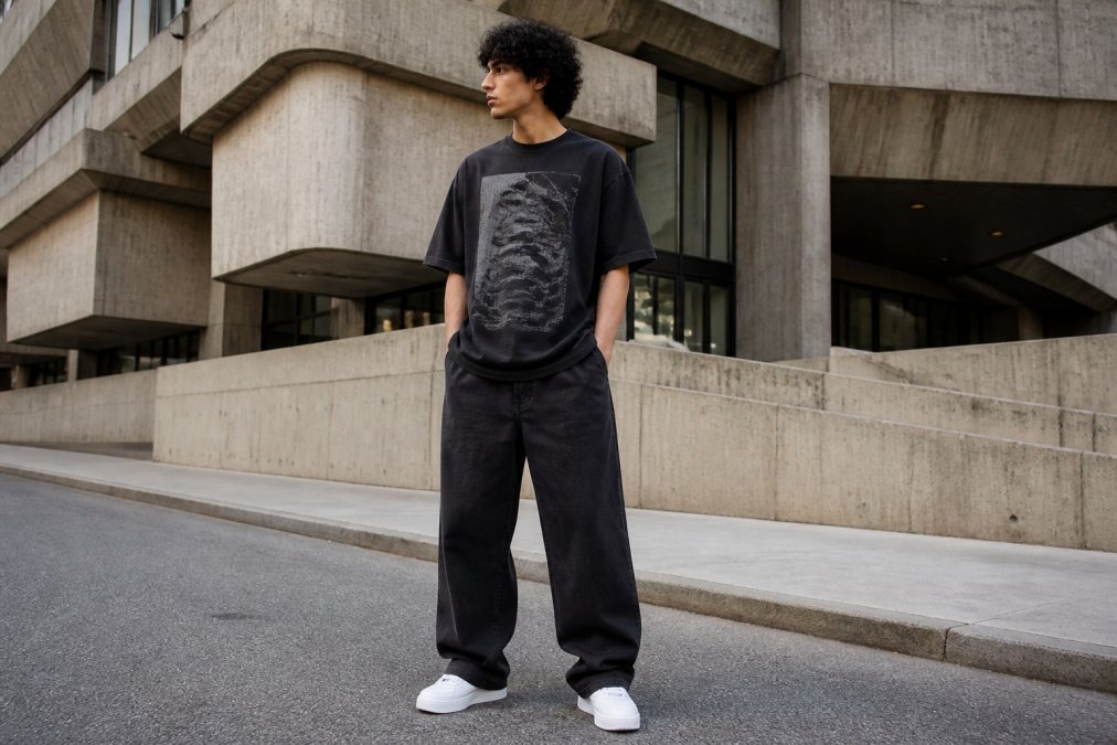 A young man wearing an oversized, dark-colored heavyweight graphic tee on a concrete urban street, styled with wide-leg pants and clean sneakers, shot in natural daylight with a brutalist building in the background