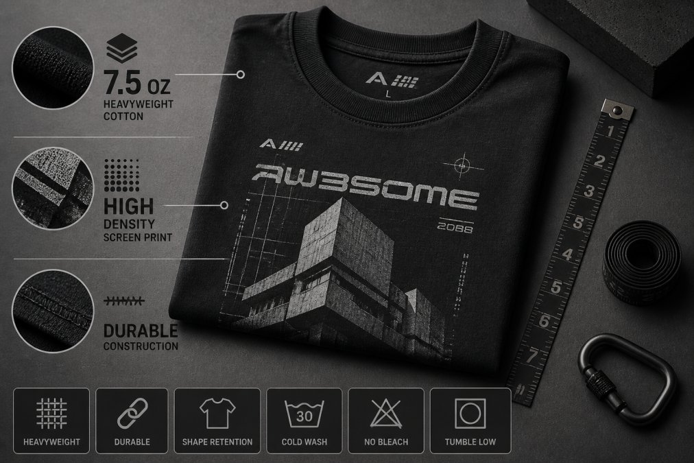 Close-up flat lay of a folded heavyweight cotton graphic tee on a dark textured surface, showing the thick fabric weight and high-density screen print detail, with a measuring tape and minimal accessories nearby