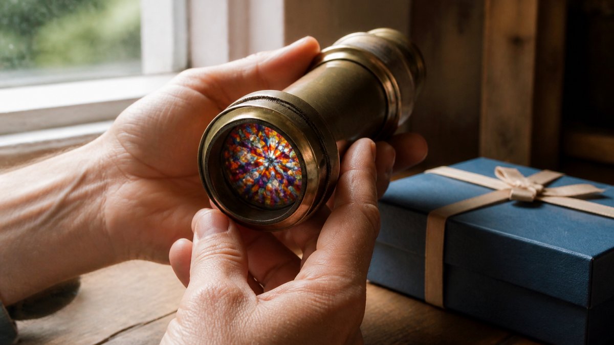Close-up of hands holding a handcrafted brass kaleidoscope up to a window, colorful patterns glowing through the eyepiece, wooden table with a blue gift box nearby