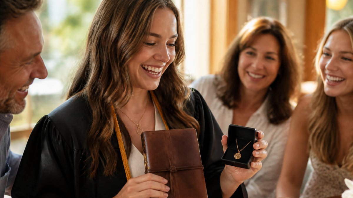 Young graduate holding a personalized leather journal and custom name necklace, smiling with genuine joy while surrounded by family celebrating a milestone achievement in a warm, sunlit home setting