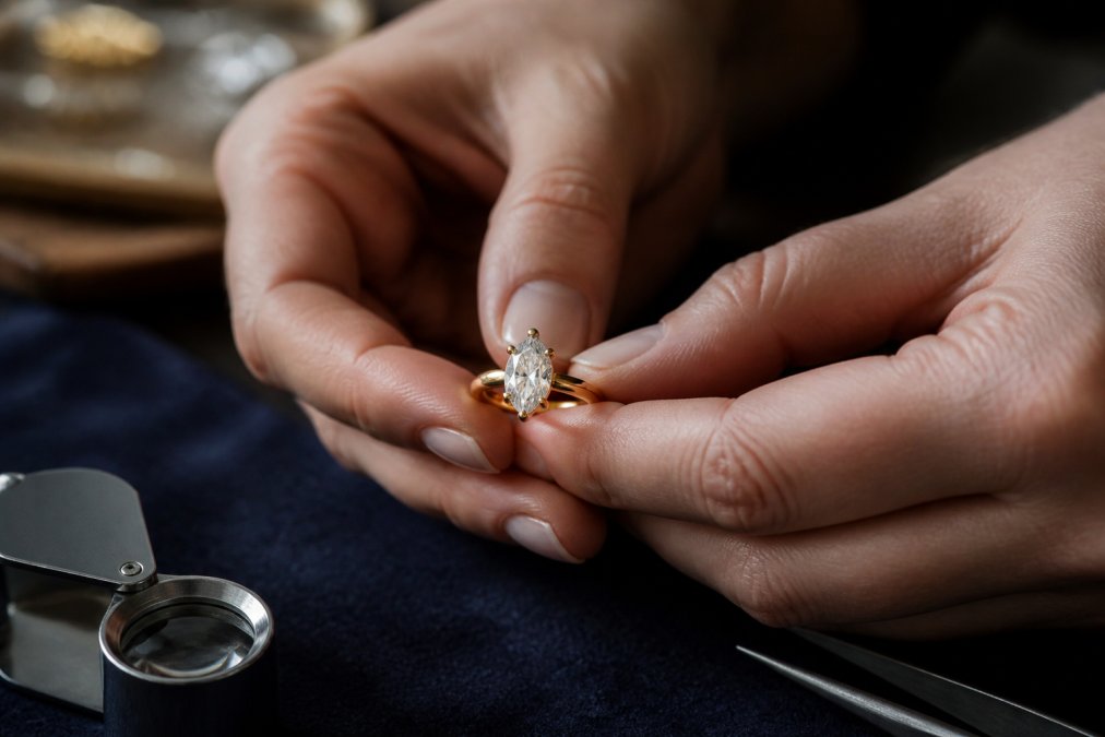 Close-up of hands holding an 18k yellow gold ring with an antique marquise diamond, soft natural light, dark velvet surface, shallow depth of field