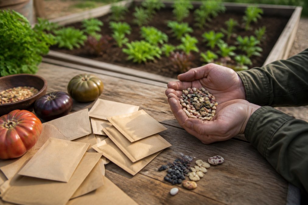 A close-up of a gardener's hands holding a mix of colorful heirloom seeds next to labeled seed packets on a wooden table, with a garden bed visible in the background