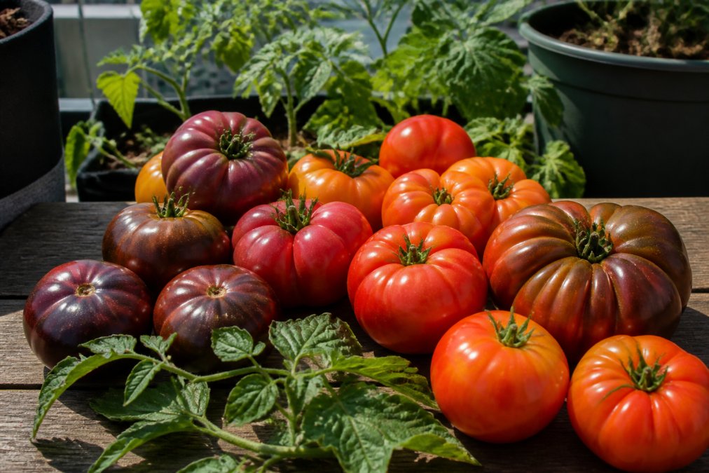 Close-up of ripe heirloom tomatoes in various colors, deep purple, dark mahogany, bright red, and orange, arranged on a wooden table with fresh leaves, showing the diversity of flavors and their visual flavor mapping