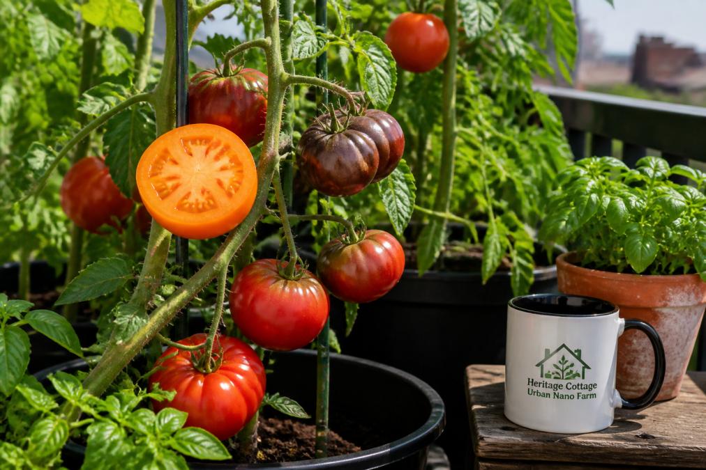 Close-up of ripe heirloom tomatoes in various colors, orange, deep red, and black varieties, hanging on the vine in a sunny garden with green foliage