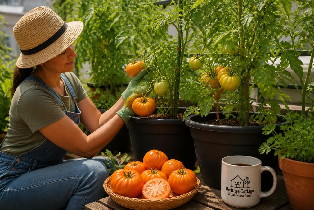 A gardener tending to compact tomato plants in large containers on a sunny patio or balcony, with fresh green foliage and ripening fruit visible