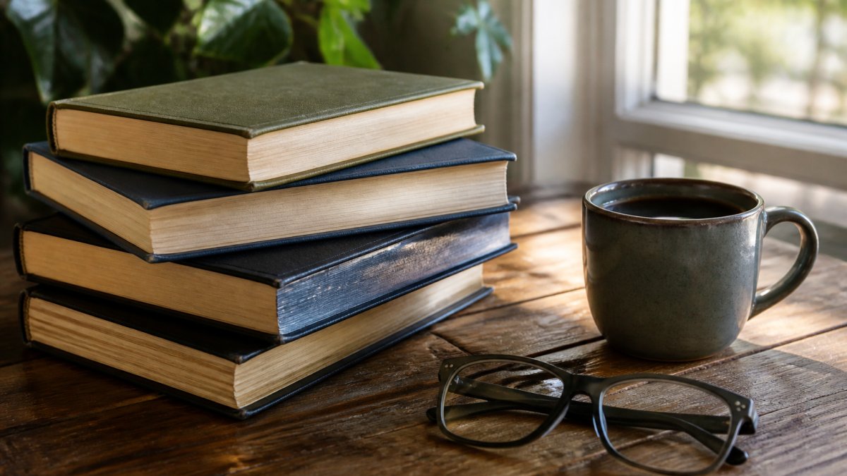 Stack of military history books with reading glasses and coffee, a scene often explored by those seeking Hellgate Press