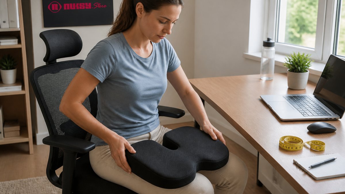 Person adjusting a contoured foam cushion on an office chair with a measuring tape and notebook nearby