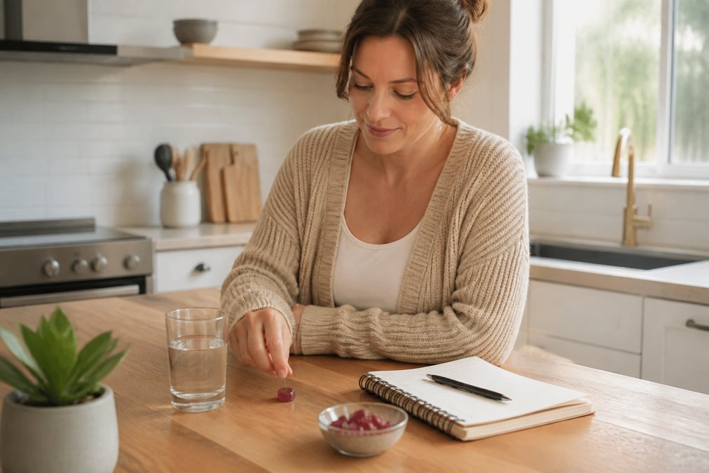 A calm adult at a tidy kitchen counter placing a single hemp gummy beside a glass of water and a daily planner, soft morning light, warm and unhurried mood