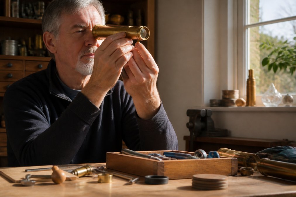 Collector holding a brass kaleidoscope up to light, carefully examining the barrel and mirror system details with focused attention, natural window light illuminating the metal construction