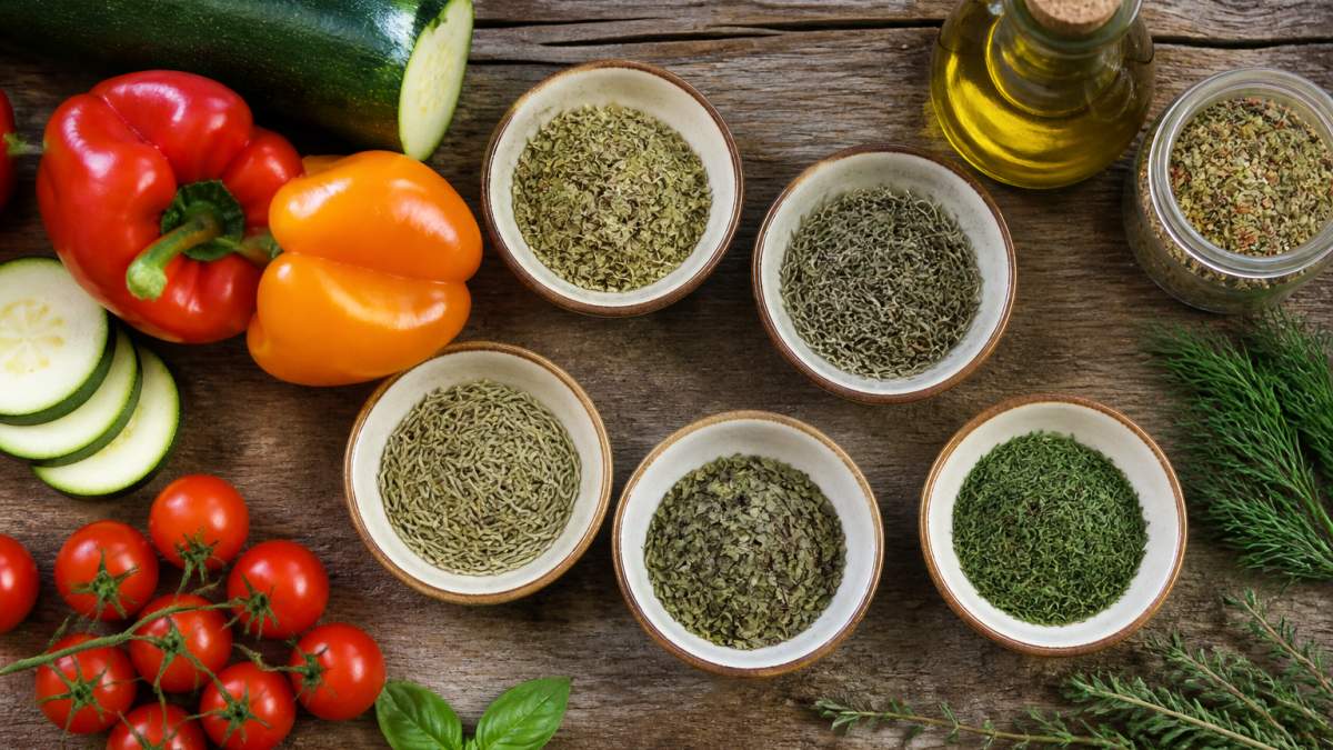Overhead shot of a rustic wooden table with small bowls of dried oregano, thyme, rosemary, basil, and dill, surrounded by fresh zucchini, bell peppers, and cherry tomatoes, with a bottle of olive oil and a jar of spice blend nearby