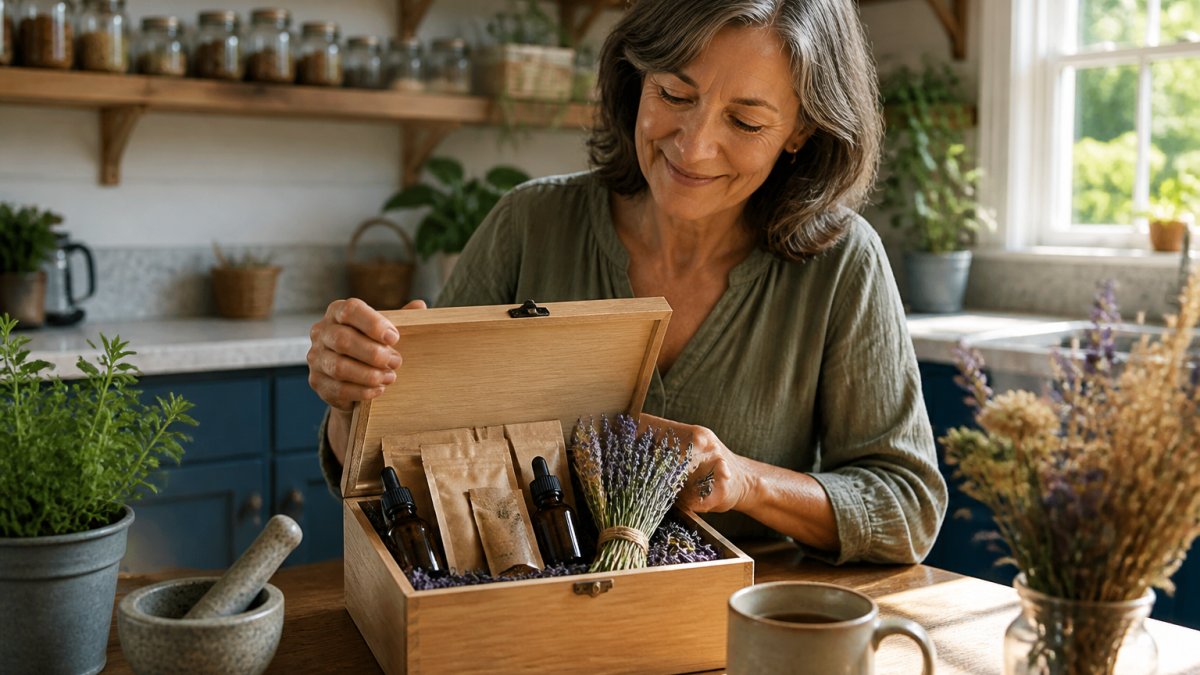 Diagram illustrating the components of a holistic wellness gift set including herbal teas, tinctures, and lavender.