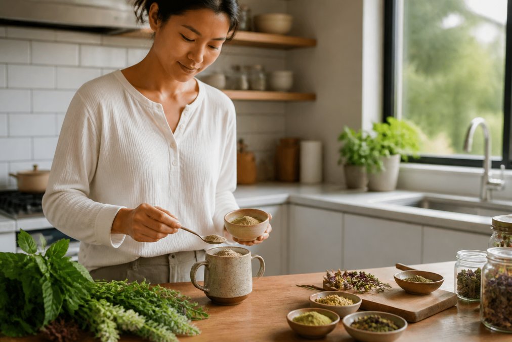 Woman preparing a herbal powder drink by mixing powder into hot water or tea in a bright kitchen, with fresh herbs and a ceramic mug visible on the counter, natural sunlight from a window