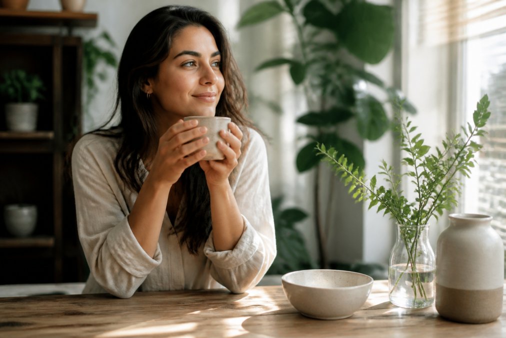 Woman holding a cup of herbal tea or powder drink, looking energized and calm, natural daylight streaming through a window in a comfortable home setting