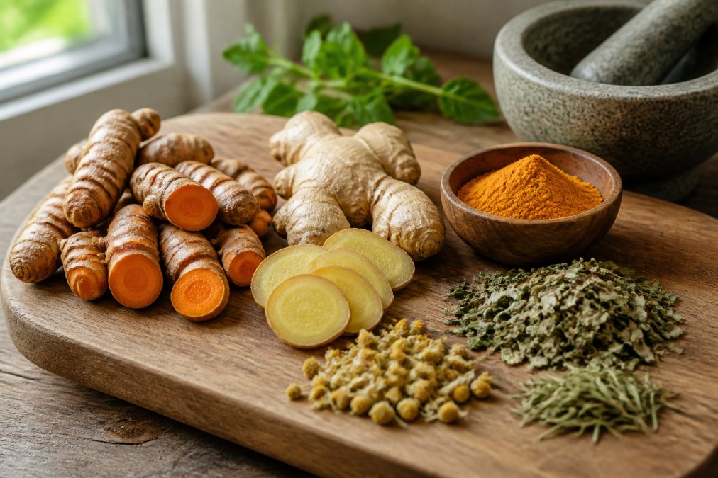 Close-up of fresh turmeric root, ginger slices, and dried herbs arranged on a wooden cutting board with a small bowl of ground spice, natural light from a kitchen window