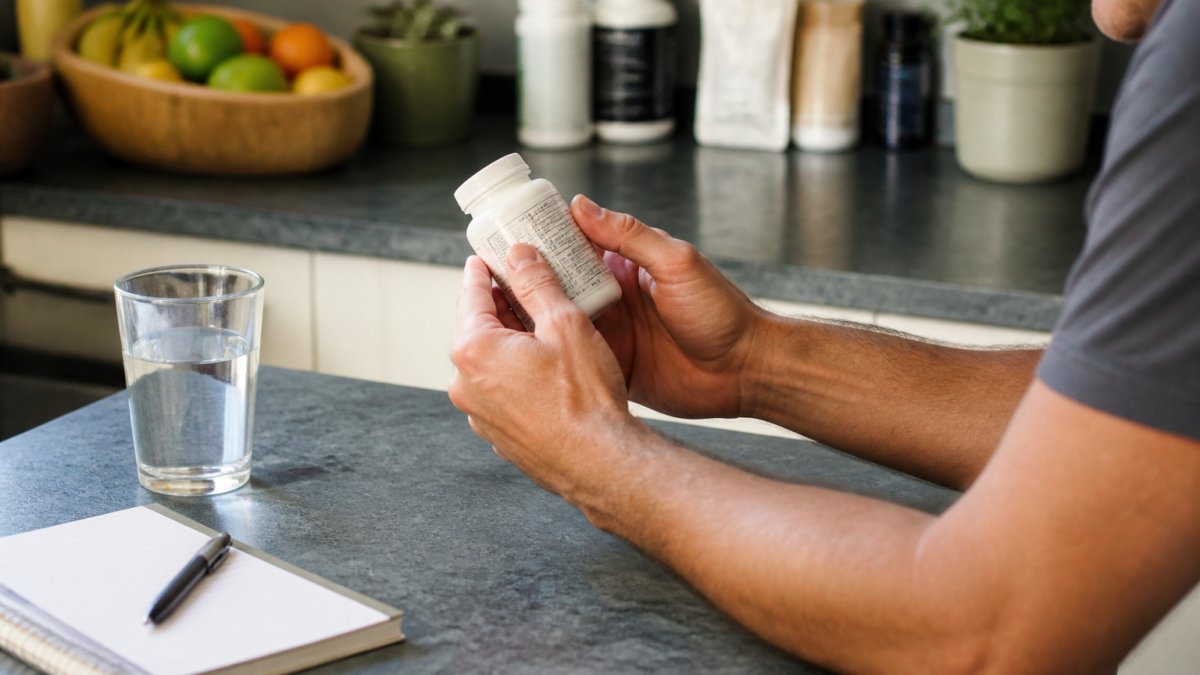 Close-up of a person's hands holding a supplement bottle and reading the label in a bright kitchen, with a glass of water nearby