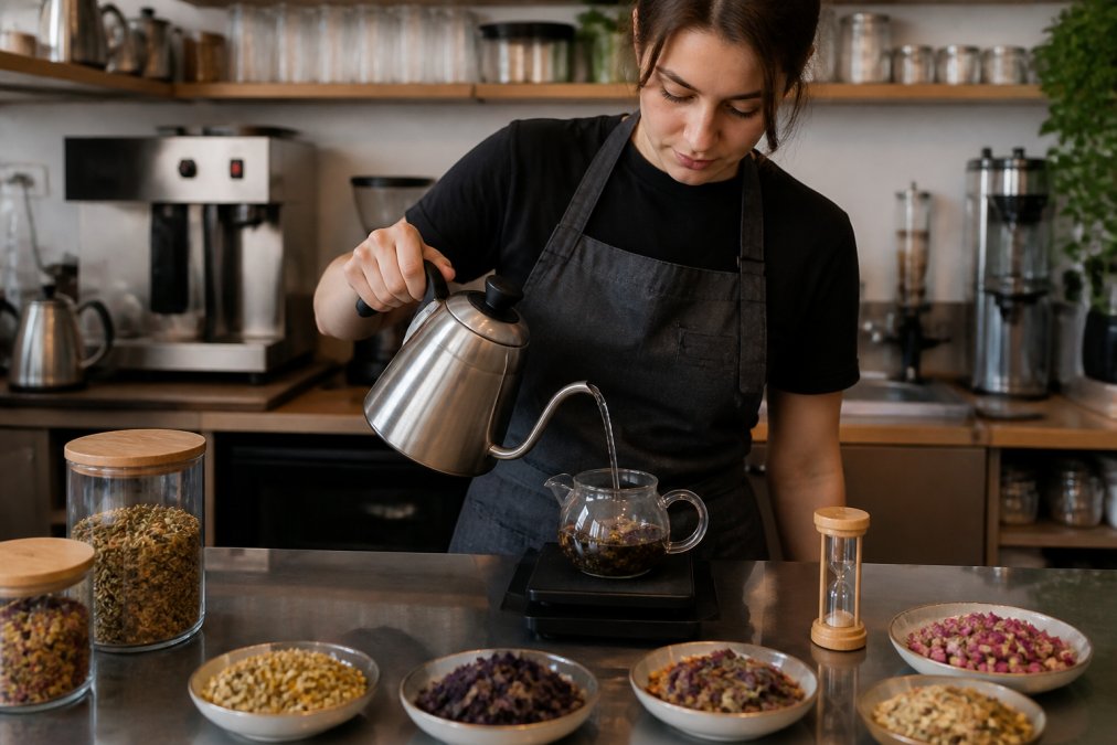Barista pouring hot water over herbal tea blends in a glass teapot using a digital scale and timer