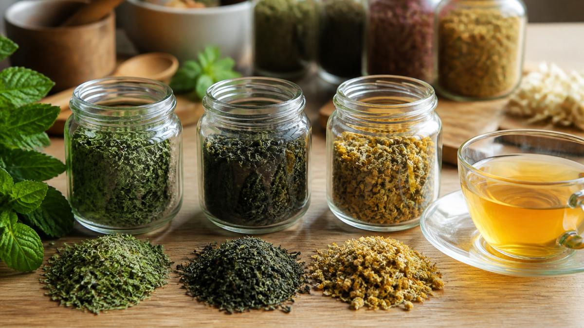 Assortment of dried herbal teas in glass jars and loose on a wooden surface, including spearmint leaves, green tea, and other botanicals, with a warm cup of brewed tea in soft natural light