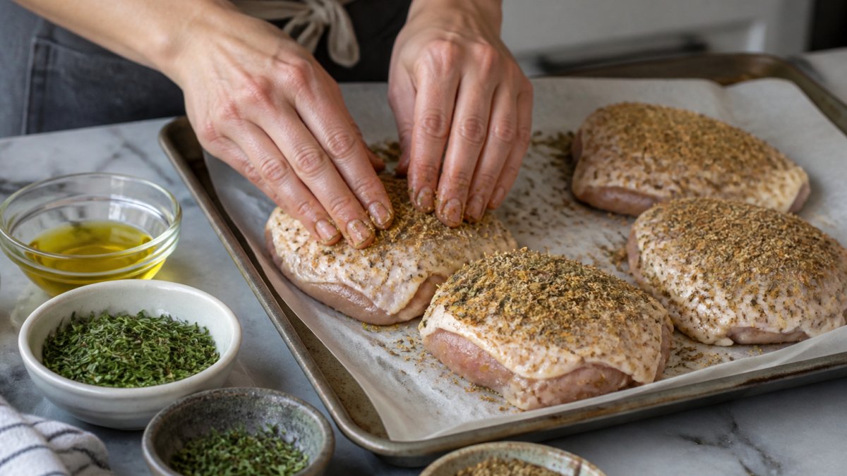 Close-up of hands rubbing a dried herb and spice blend onto raw chicken thighs on a sheet pan lined with parchment paper, with small bowls of chopped rosemary, thyme, and olive oil nearby on a kitchen counter