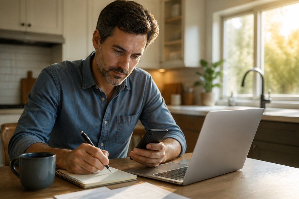 A homeowner sitting at a kitchen table with a laptop and smartphone, reviewing service provider options and taking notes on a notepad, warm afternoon light through the window