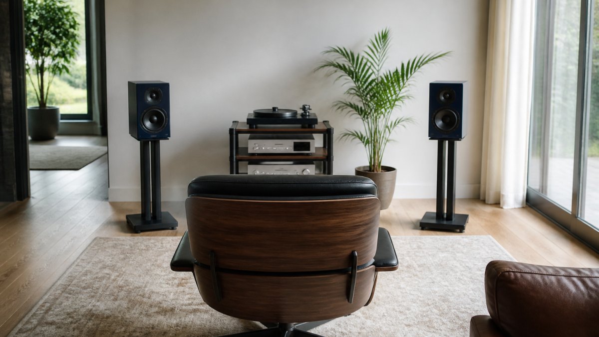 A pair of hi-fi speakers on stands angled toward a listening chair in a bright, modern living room.