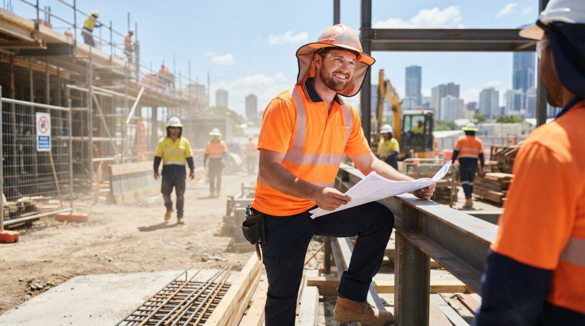 Construction worker wearing yellow hi-vis polo shirt and safety vest on sunny Australian worksite, demonstrating breathable mesh and reflective tape in bright daylight, sweat visible on fabric