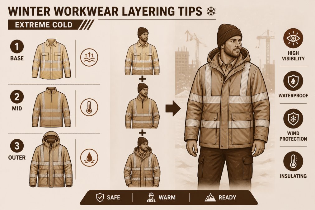 Worker demonstrating proper layering with hi-vis work shirt, insulated jumper, and waterproof jacket on winter job site, showing how pieces fit together and maintain visibility