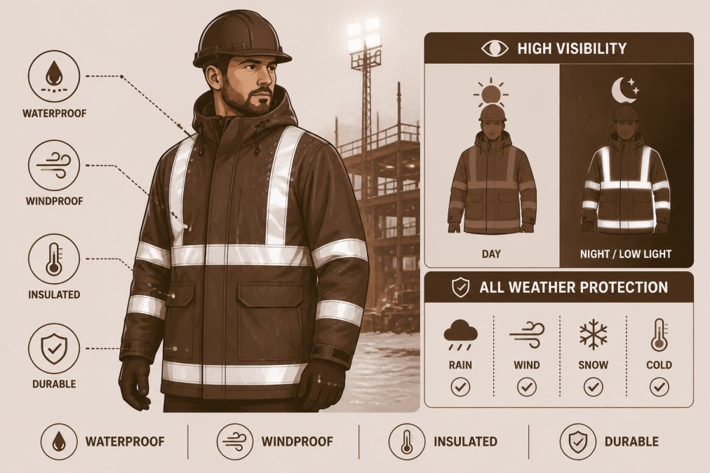 Construction worker wearing waterproof hi-vis jacket with reflective tape on winter job site, showing jacket's protective features and visibility in low-light conditions