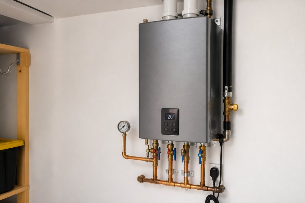 A modern tankless water heater mounted on a clean white wall in a utility room, with copper piping, a digital temperature display, and a pressure gauge visible in sharp detail