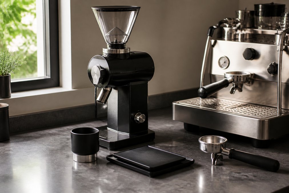 A high-end burr coffee grinder sitting on a kitchen countertop next to an espresso machine, with a dosing cup and portafilter nearby, shot in natural window light