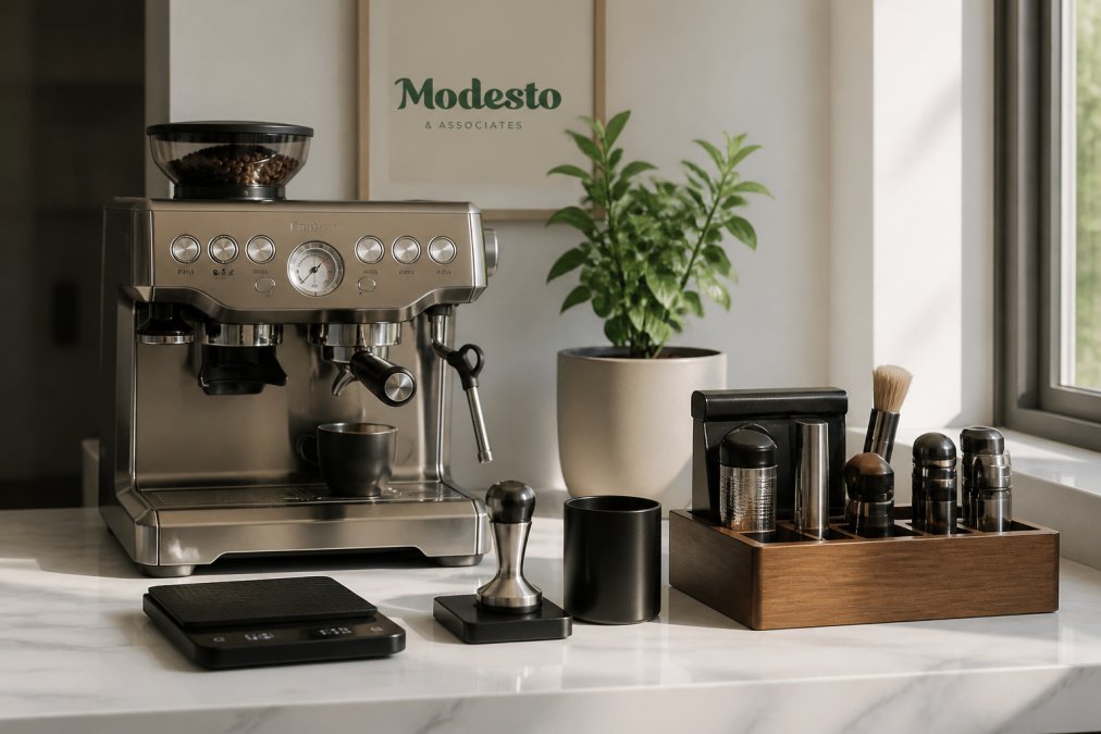 A modern kitchen countertop with a high-end espresso machine, precision scale, and organized coffee tools, shot in natural light with a minimalist aesthetic