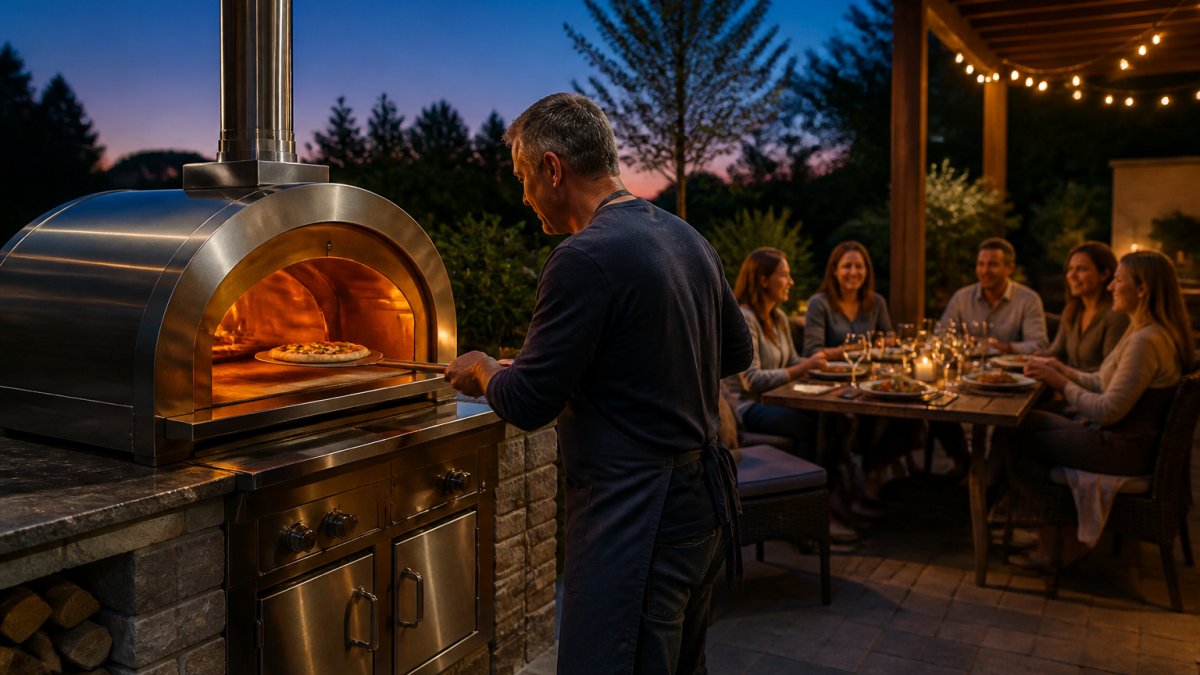 Diagram showing how dual-fuel ovens combine gas and wood heat for cooking pizzas on a patio at dusk