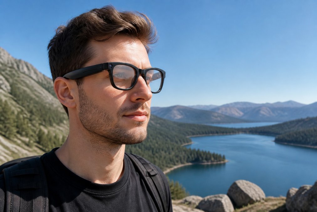 Person wearing AI camera smart glasses outdoors on a sunny day, capturing a scenic landscape, showing the sleek transparent lens design and comfortable fit