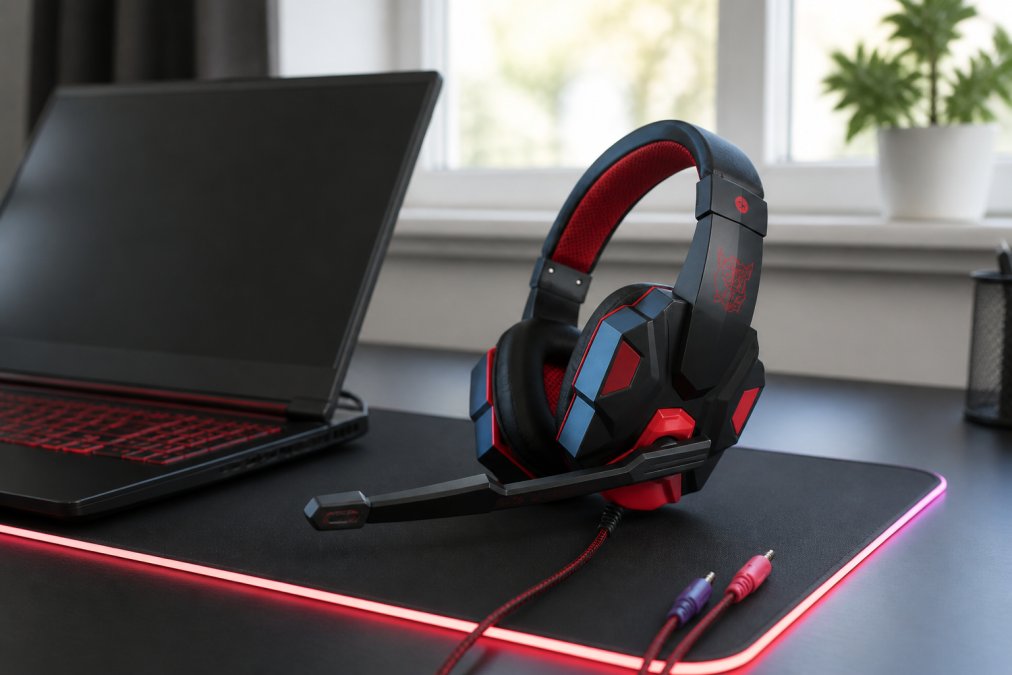 Modern gaming desk setup featuring an RGB mouse pad with vibrant LED lighting, wired gamer headset with illuminated ear cups, and a gaming laptop, with natural window lighting showing the sleek aesthetic