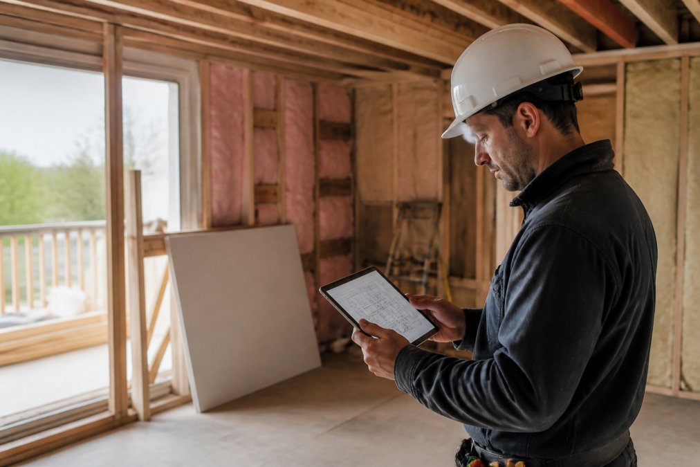 A construction project manager in a hard hat reviewing blueprints on a tablet at a residential renovation site, exposed wall framing and insulation visible behind him, soft morning light through open joists