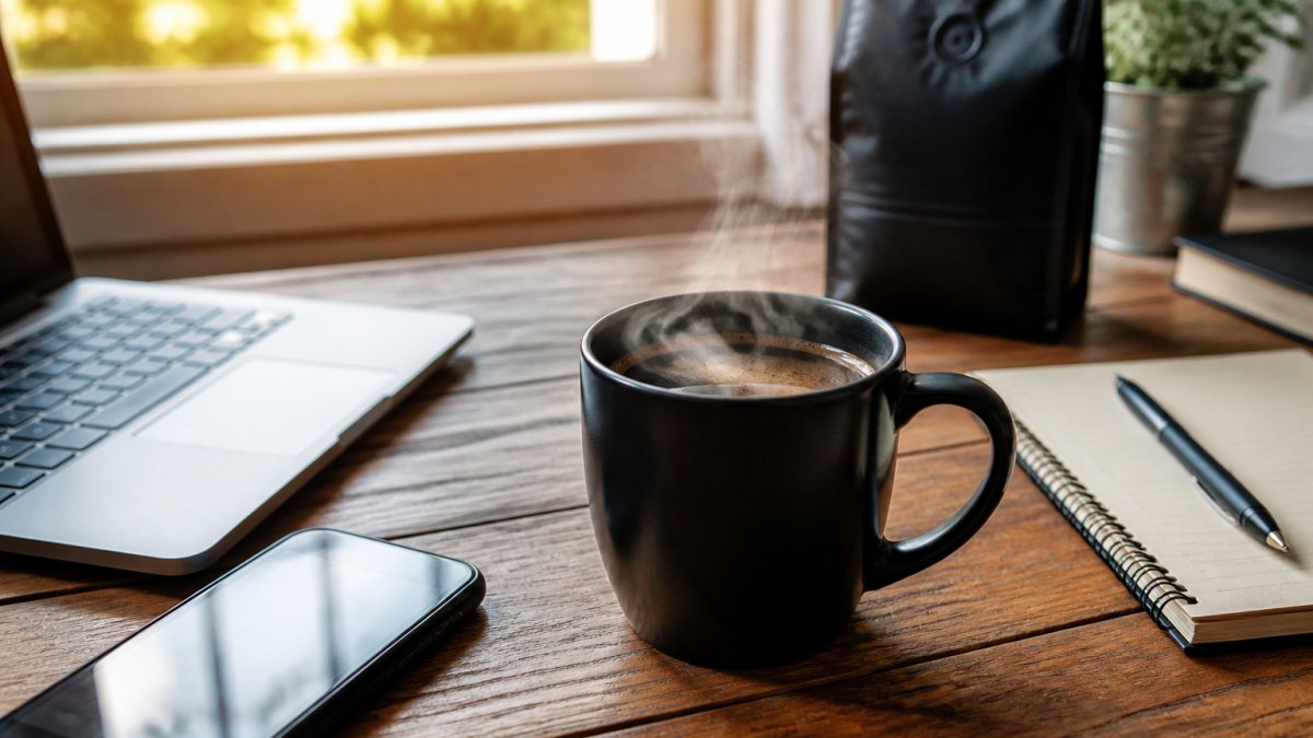 A close-up of a steaming mug of dark coffee on a wooden desk next to a laptop, notebook, and smartphone, with morning light coming through a window