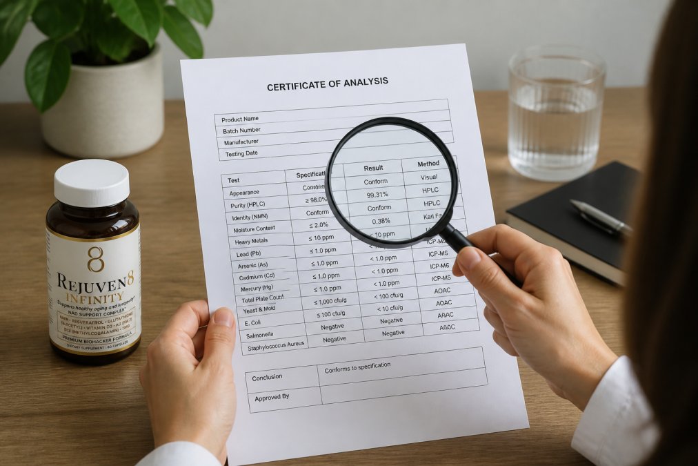 Close-up of hands holding a printed certificate of analysis document with a magnifying glass, examining purity test results