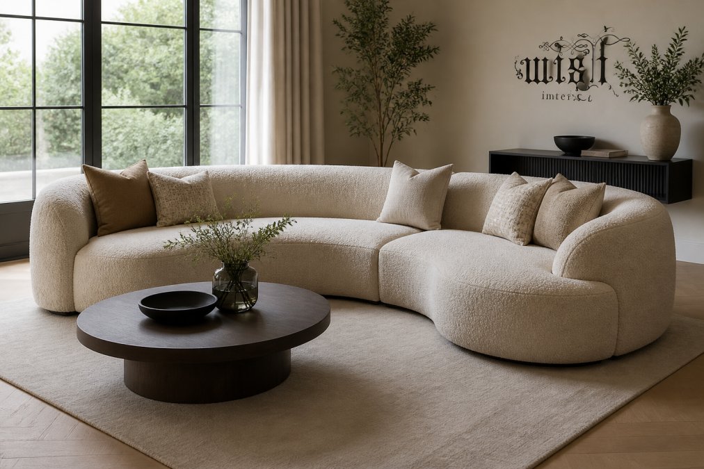 A modern living room with a curved modular sofa in a neutral bouclé fabric, styled with cushions and a coffee table, shot in natural daylight