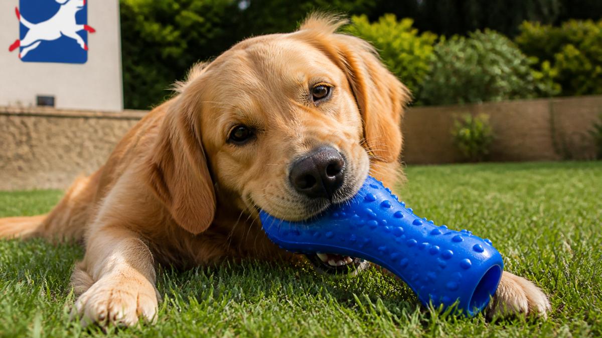 A Golden Retriever enthusiastically playing with durable high quality dog toys on a sunny grass lawn.