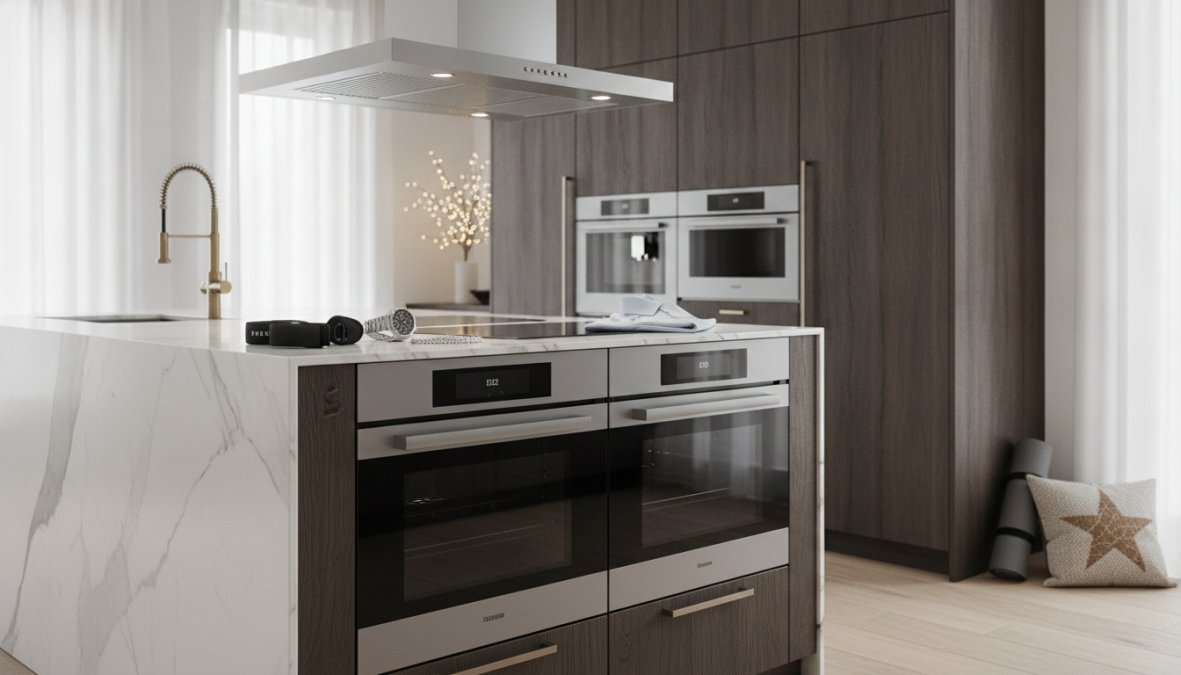 Modern luxury kitchen with stainless steel high-end appliances including built-in refrigerator, professional-style range with dual ovens, and integrated dishwasher, showcasing premium finishes and architectural design