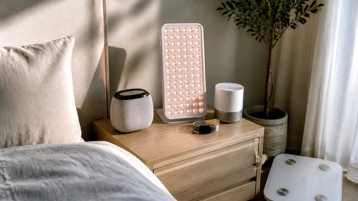 Minimalist nightstand featuring high tech home wellness gadgets like a sleep tracker, red light panel, and smart scale.