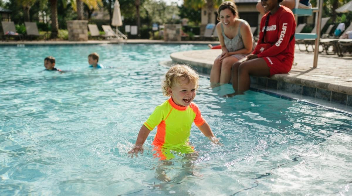 Toddler in bright neon rash guard playing in shallow pool water, easily visible from above the water surface while parent watches from poolside