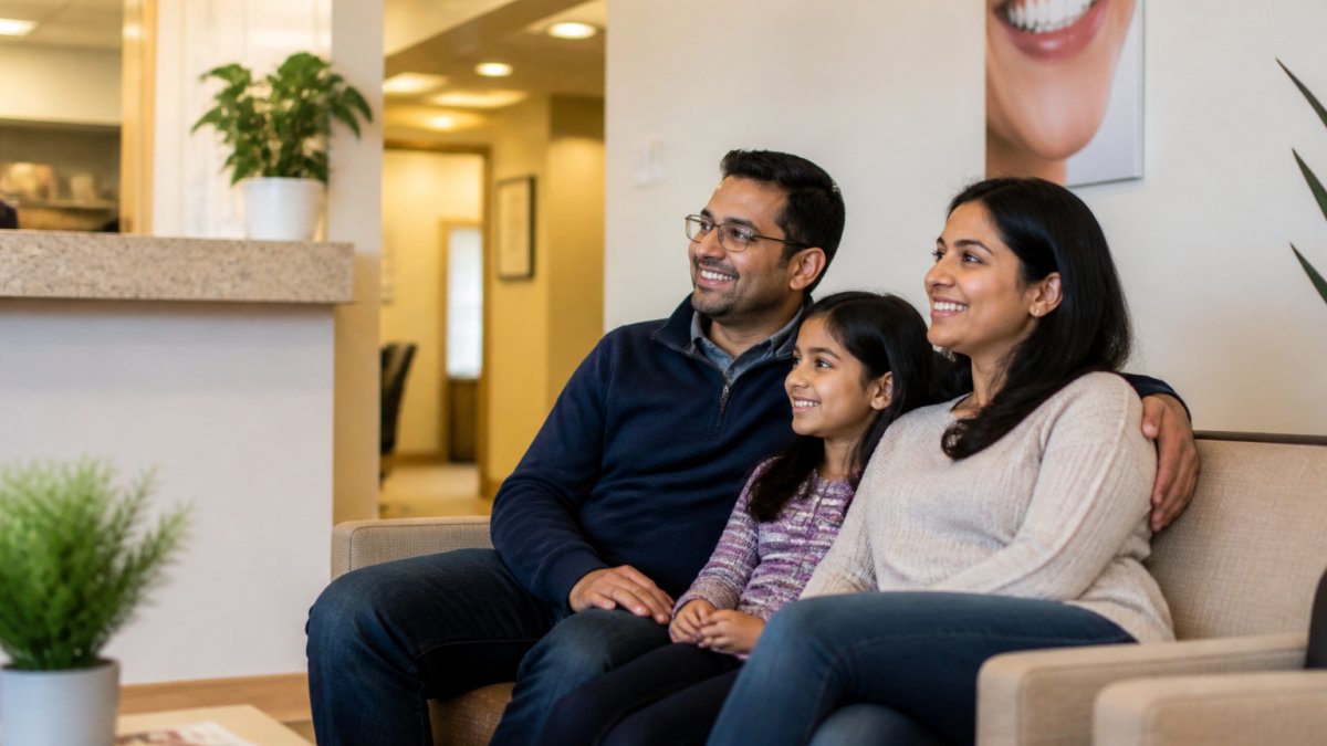 Family of three sitting relaxed in a bright, modern dental waiting room with comfortable seating and welcoming decor, smiling and at ease