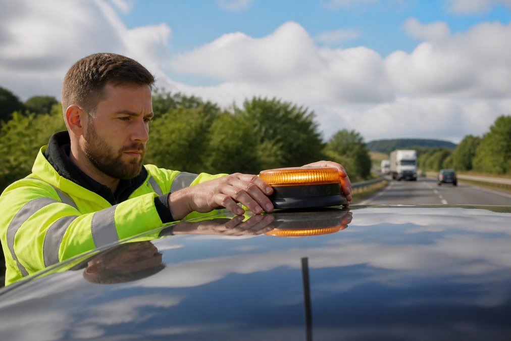 Best Highway Breakdown Safety Equipment 2026 Professional demonstrating proper placement of a GPS-enabled emergency beacon on a vehicle roof during daylight, showing the magnetic mounting system and amber light activation