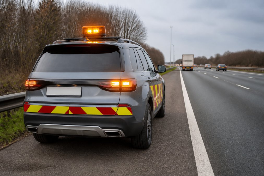 Best Highway Breakdown Safety Equipment 2026 Stationary vehicle on motorway hard shoulder with hazard lights flashing and a high-visibility emergency beacon mounted on the roof, showing proper positioning with reflective chevrons visible on the vehicle's side